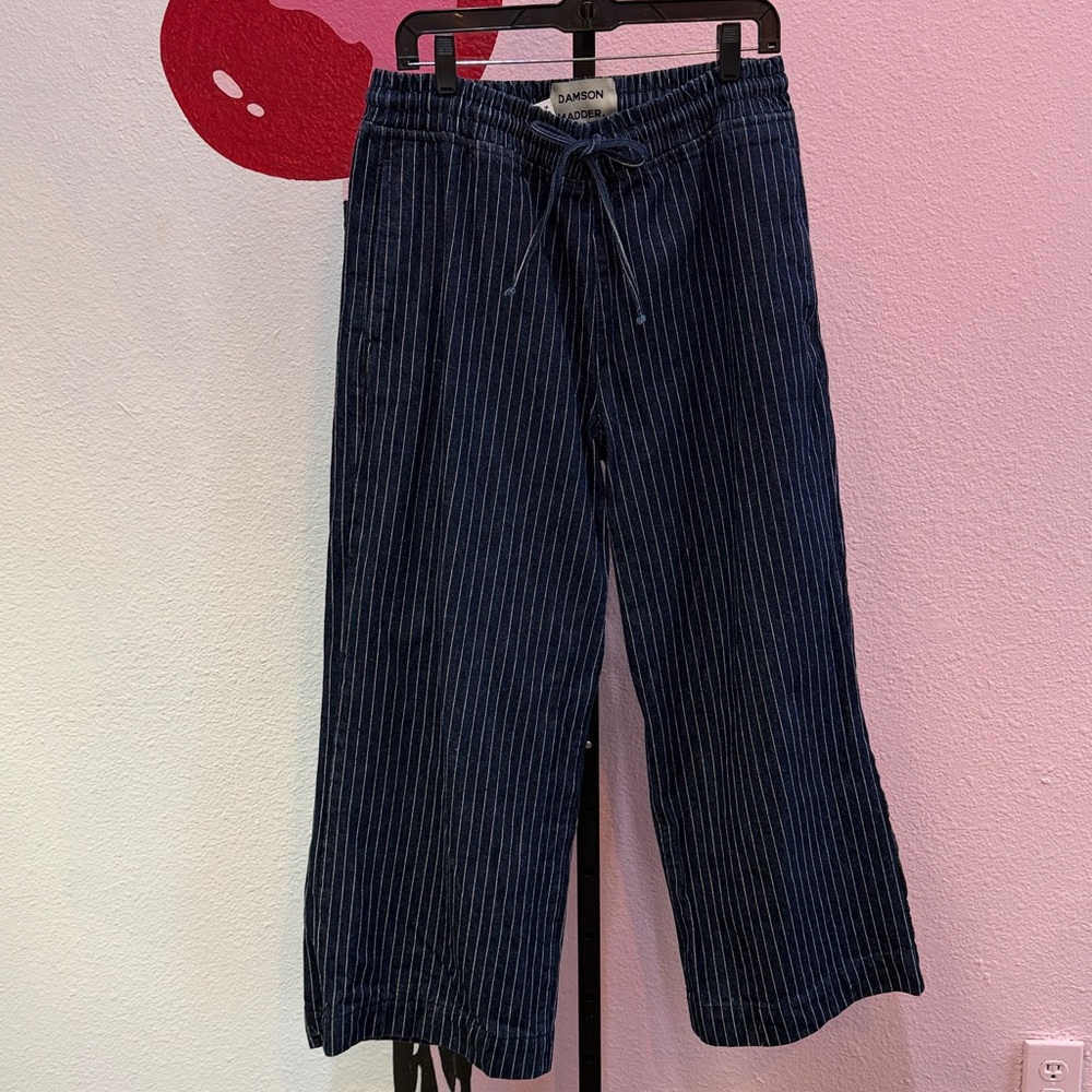 Damson Madder Navy Pinstripe Wide-Leg Jeans with Drawstring Waist